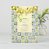 Exquisite Mediterranean Tiles Floral Lemons Photo Save The Date (Stehend Vorderseite)