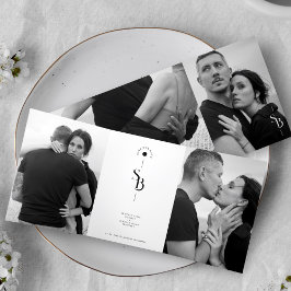 Exquisite Minimalist Black White Wedding 4 Photos Dreifach Gefaltete Einladung