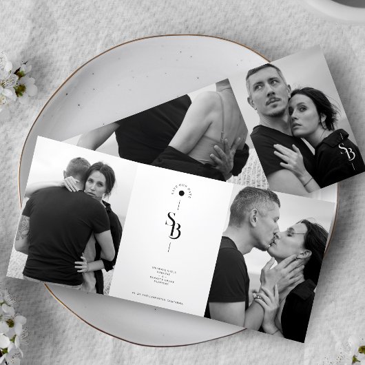 Exquisite Minimalist Black White Wedding 4 Photos Dreifach Gefaltete Einladung