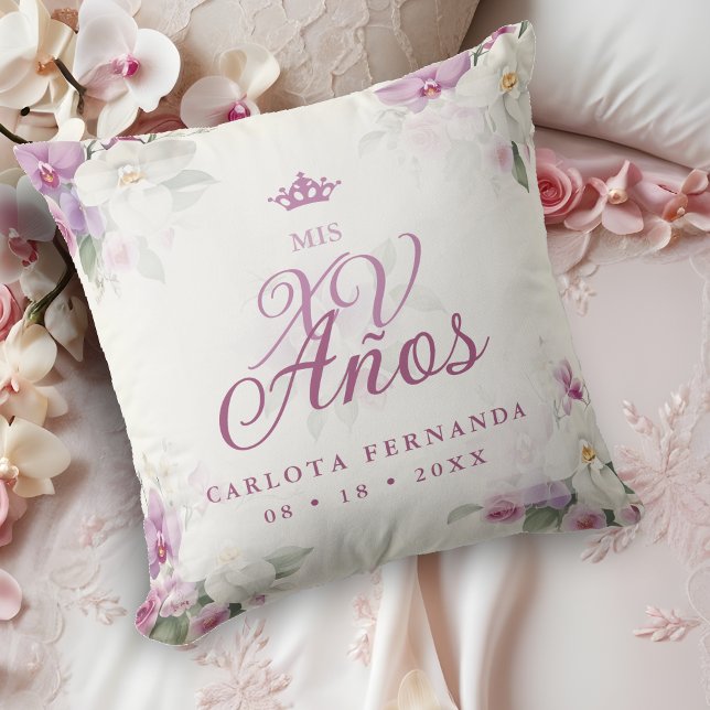 Exquisite Mis XV Años Spanische Orchideen Kissen (Romantic Exquisite Mis XV Años Spanish Floral Orchids Bouquets in Pink shades Throw Pillow. )