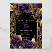 Exquisite Moody Lila & Gold Gothic Wedding Folieneinladung (Rückseite)