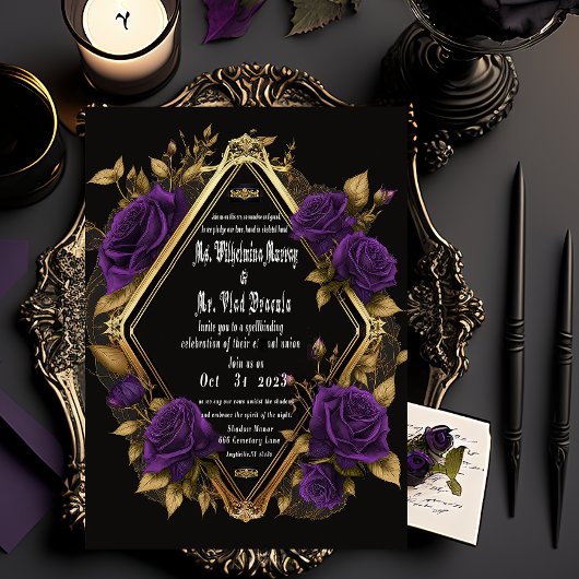 Exquisite Moody Lila & Gold Gothic Wedding Folieneinladung