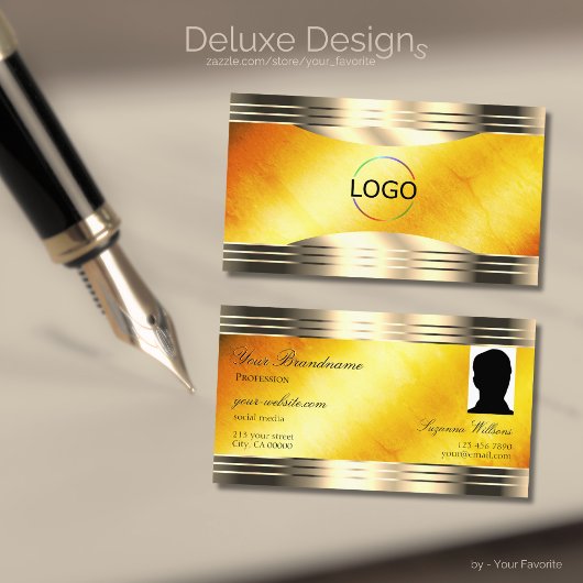 Exquisite Orange Marble Gold Border Logo und Foto Visitenkarte