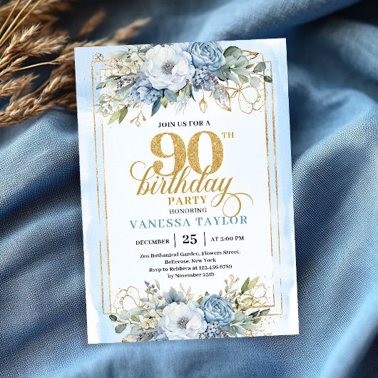 Exquisite pale blue gold style 90th birthday einladung
