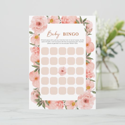 Exquisite Peach Floral Baby Dusche BINGO Karte (Stehend Vorderseite)