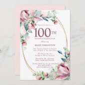 Exquisite Pink Mauve Floral 100. Geburtstag Einladung (Vorne/Hinten)