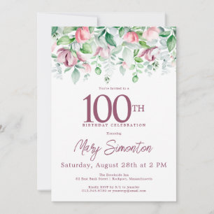 Exquisite Pink Mauve Floral 100. Geburtstag Einladung