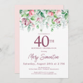 Exquisite Pink Mauve Floral 40. Geburtstag Einladung (Vorne/Hinten)