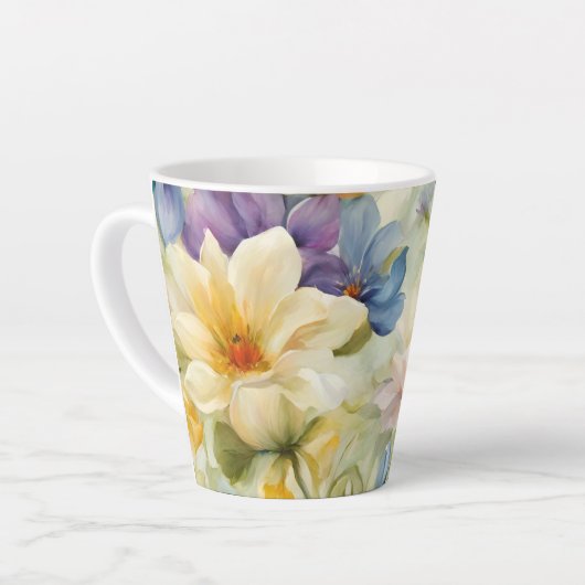 Exquisite, raffinierte Frühlingsblumen. Malerei Milchtasse (Linke Ecke)