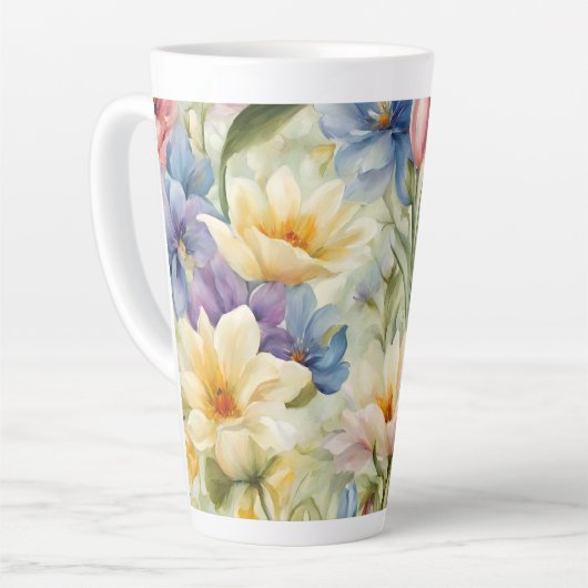 Exquisite, raffinierte Frühlingsblumen. Malerei Milchtasse (Linke Ecke)