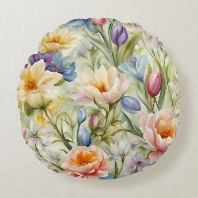 Exquisite, raffinierte Frühlingsblumen. Malerei Rundes Kissen (Vorderseite)