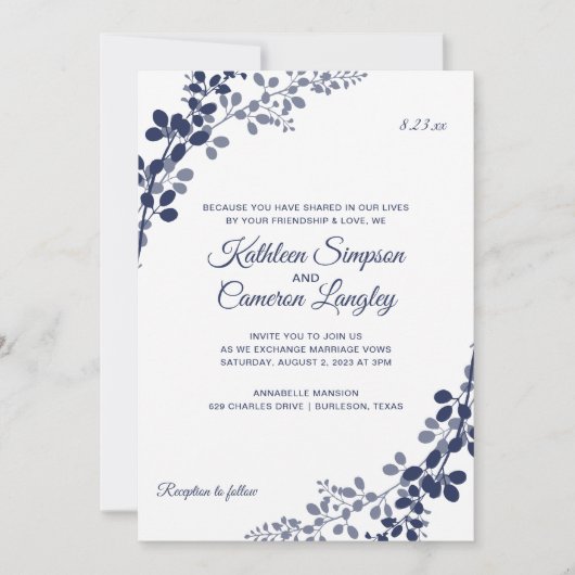 Exquisite Reben zum Hochzeitsempfang | Navy Blue Einladung (Vorderseite)