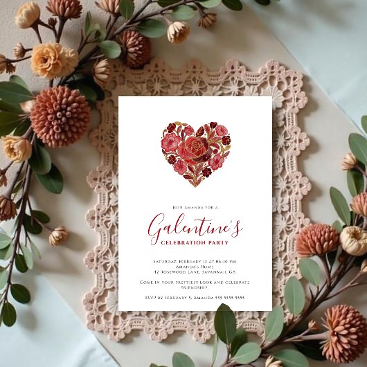 Exquisite Red Floral Heart Galentine's Day Party  Einladung