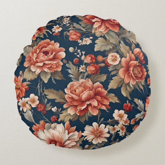 Exquisite Retro Orange Rose, Blätter und Blume Rundes Kissen (Vorderseite)