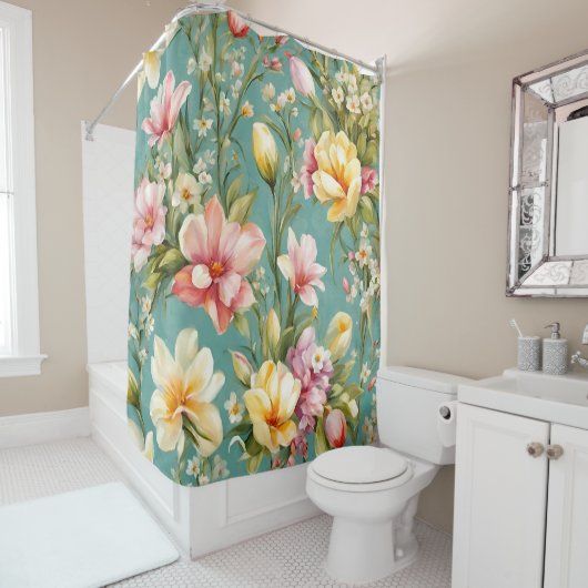 Exquisite Rosa, Gelbe Magnolien mit weißen Blume Duschvorhang (Beispiel)