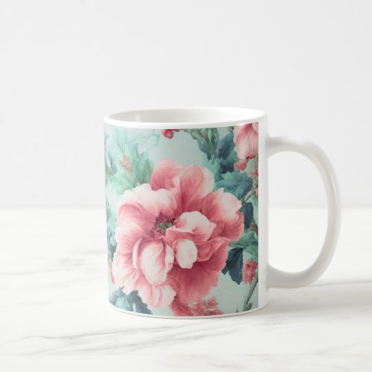 Exquisite rosa glatter Blume, grüne blaue Blätter Kaffeetasse (Rechts)