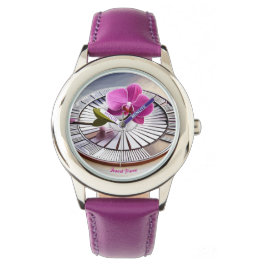 Exquisite rosa Orchideen-Erholungen auf Silberplat Armbanduhr