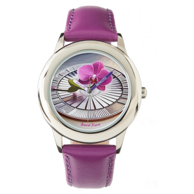 Exquisite rosa Orchideen-Erholungen auf Silberplat Armbanduhr (Vorderseite)