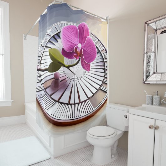 Exquisite rosa Orchideen-Erholungen auf Silberplat Duschvorhang (Beispiel)