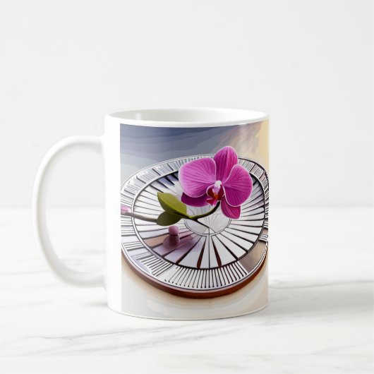 Exquisite rosa Orchideen-Erholungen auf Silberplat Kaffeetasse (Links)