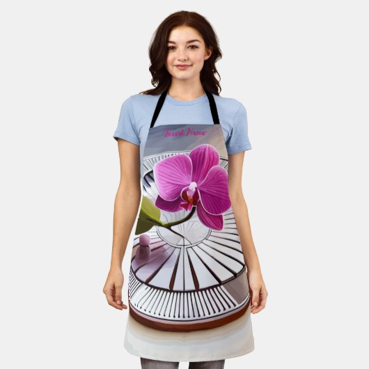 Exquisite rosa Orchideen-Erholungen auf Silberplat Schürze (Getragen)