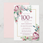 Exquisite Rosa Rose Floral 100. Geburtstag Einladung (Vorne/Hinten)