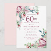 Exquisite Rosa Rose Floral 60. Geburtstag Einladung (Vorne/Hinten)