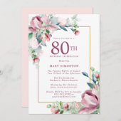 Exquisite Rosa Rose Floral 80. Geburtstag Einladung (Vorne/Hinten)