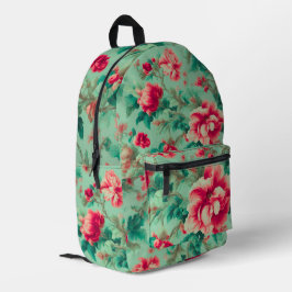 Exquisite Rote Blume und üppige grüne Blätter Bedruckter Rucksack