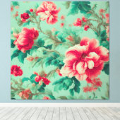 Exquisite Rote Blume und üppige grüne Blätter Leinwanddruck (Insitu (Holzboden))