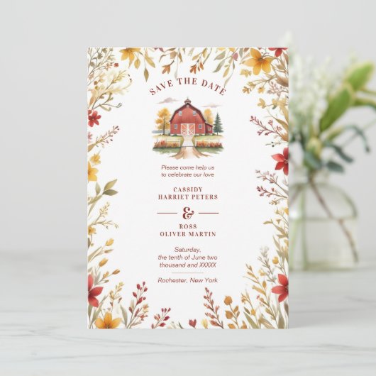 Exquisite Rustic Barn Farmhouse Fall Floral Frame Save The Date (Stehend Vorderseite)