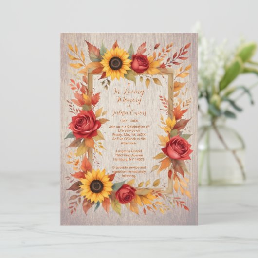 Exquisite Rustic Wood Botanical Frame Funeral Einladung (Stehend Vorderseite)