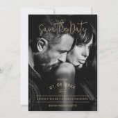 Exquisite Schwarz-Weiß-Goldene Schrift Hochzeit Save The Date (Vorderseite)