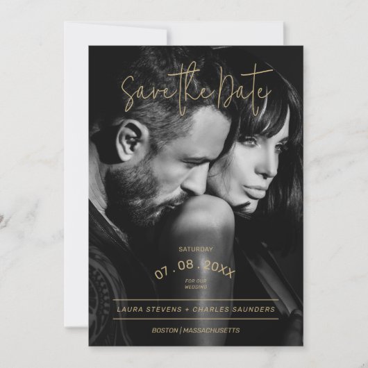 Exquisite Schwarz-Weiß-Goldene Schrift Hochzeit Save The Date (Vorderseite)
