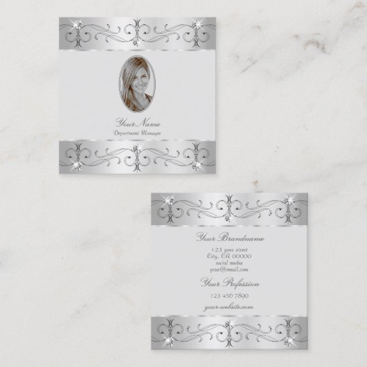Exquisite Silbergrau Verzierte Ornamente Fotos hin Quadratische Visitenkarte (Vorne/Hinten)