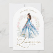 Exquisite Spanish Doll Quinceañera in Blue & Pink Einladung (Vorderseite)