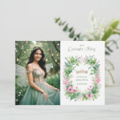 Exquisite Spring Tiara Green & Pink Floral Spanish Einladung (Stehend Vorderseite)