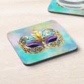 Exquisite venezianische Maske auf einem farbigen H Getränkeuntersetzer (Linke Seite)