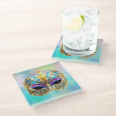 Exquisite venezianische Maske auf einem farbigen H Glasuntersetzer (Schrägansicht)