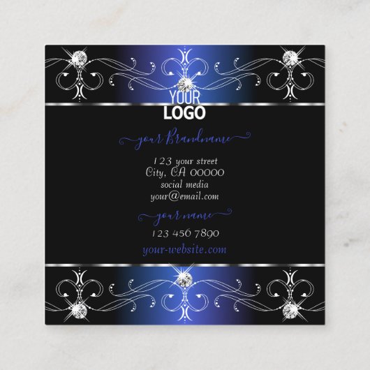 Exquisite Verzierte Schwarz-Blau-Ornamente mit Log Quadratische Visitenkarte (Rückseite)