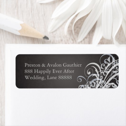 Exquisite White Scroll Black Wedding Address Label (Insitu)