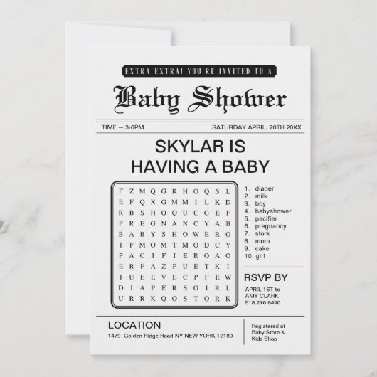 Extra Extra Baby Shower Newspaper Thema Einladung (Vorderseite)