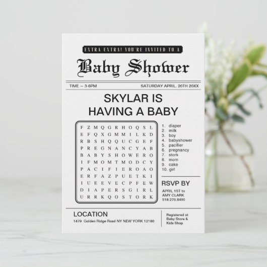 Extra Extra Baby Shower Newspaper Thema Einladung (Stehend Vorderseite)