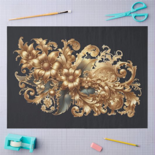 Extra großes Gold auf schwarz-barocken Blumendekou Seidenpapier (Basteln)