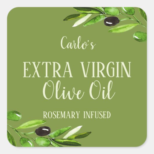 Extra Jungfrau Olivenölflasche Modernes Grünes Pro Quadratischer Aufkleber (Vorderseite)