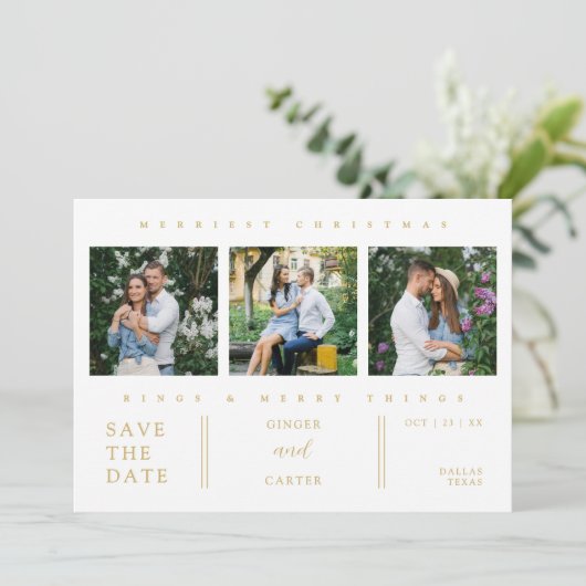 Extra Minimal Christmas Collage 3 Photos Wedding Save The Date (Stehend Vorderseite)