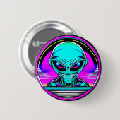 Extra Terrestrial Alien Flying a UFO Button (Vorne & Hinten)