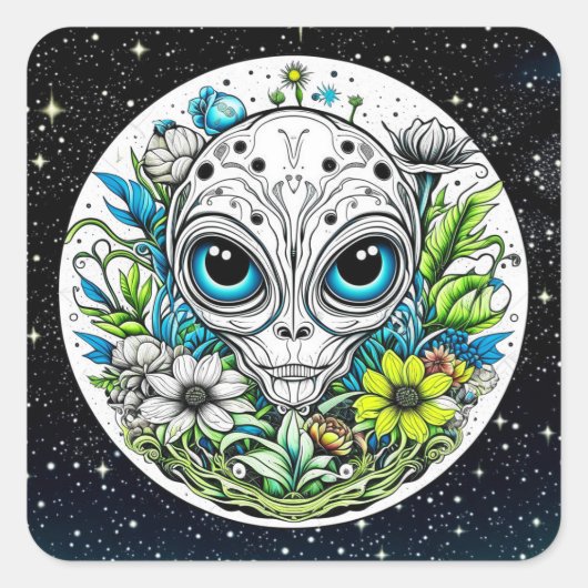 Extraterrestrial Alien in Flowers Quadratischer Aufkleber (Vorderseite)