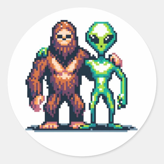 Extraterrestrische Alien Being und Bigfoot Pixel A Runder Aufkleber (Vorderseite)