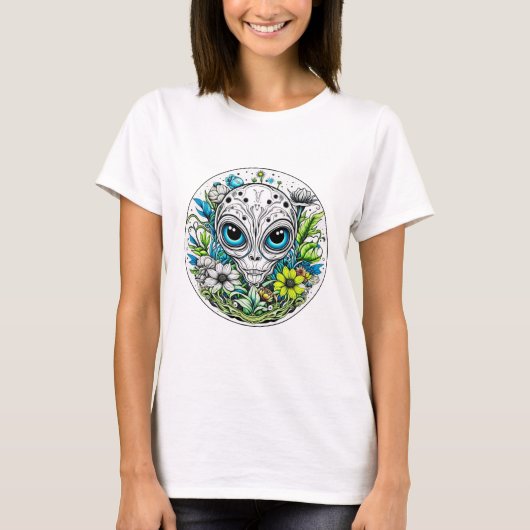 Extraterrestrische Alien in Blume Starry Night T-Shirt (Vorderseite)